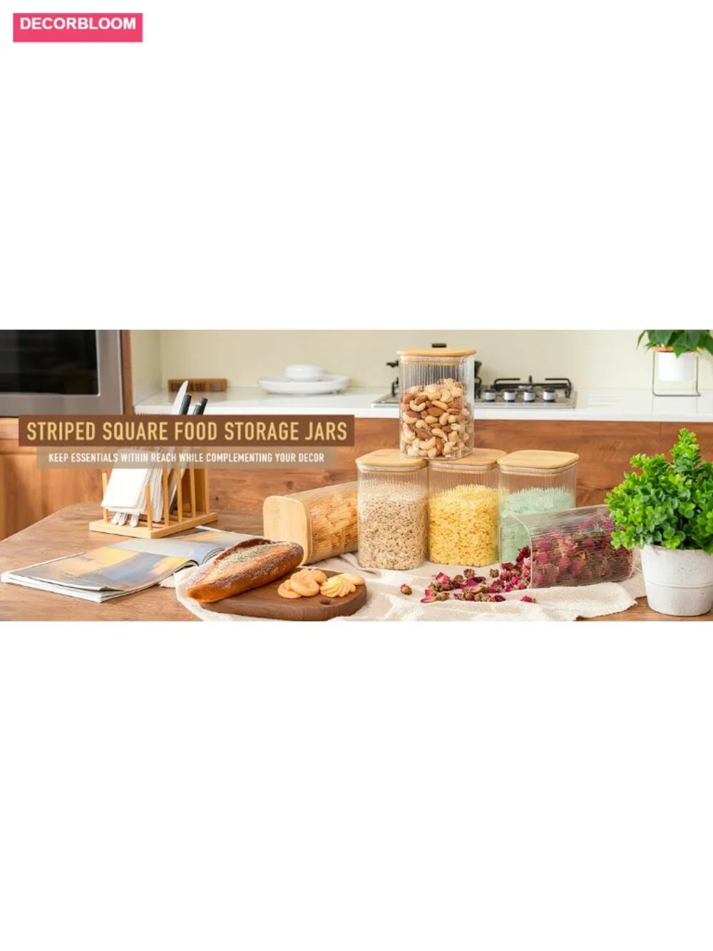 4pk Airtight Glass Square Storage Canisters with Bamboo Lids Striped Stackable